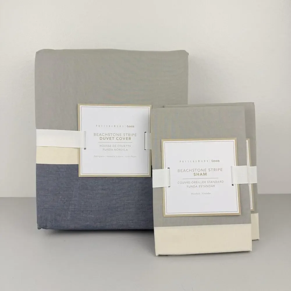 Pottery Barn Teen Beachstone Stripe Duvet Cover FULL/QUEEN & 2 STD Shams Gray